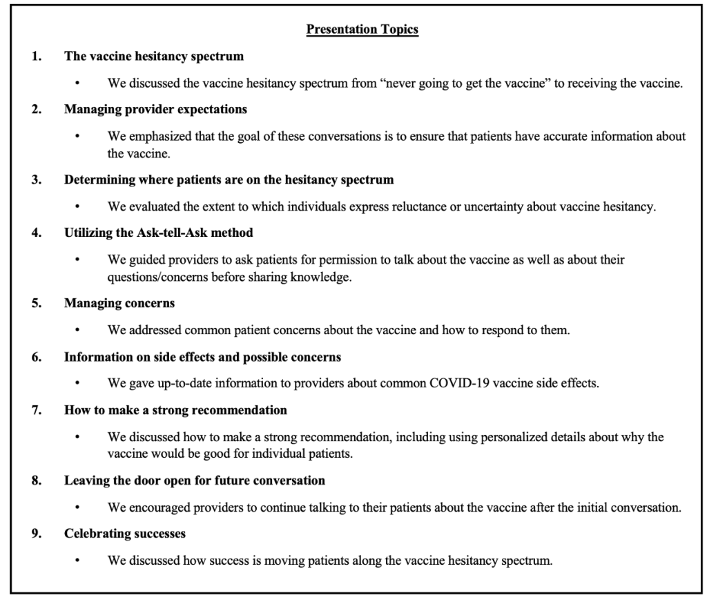 Figure 1. List of topics in didactic presentations